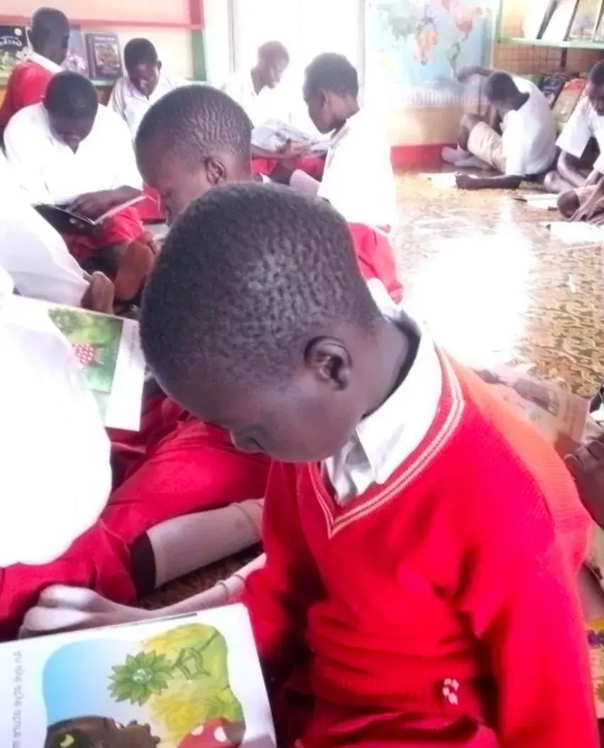 A pupil in a red school jumper reading an illustrated book at his desk, with other pupils reading behind him