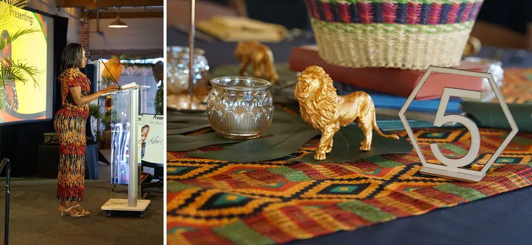 A collage of two event photos: a speaker in a long patterned dress on a stage beside a screen, and a table laid with a woven basket, a gold lion ornament and a numeral 5 on colourful African cloth