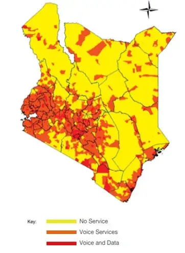A map of Kenya coloured yellow where there is no mobile service, orange for voice only and red for voice and data, most of the country yellow