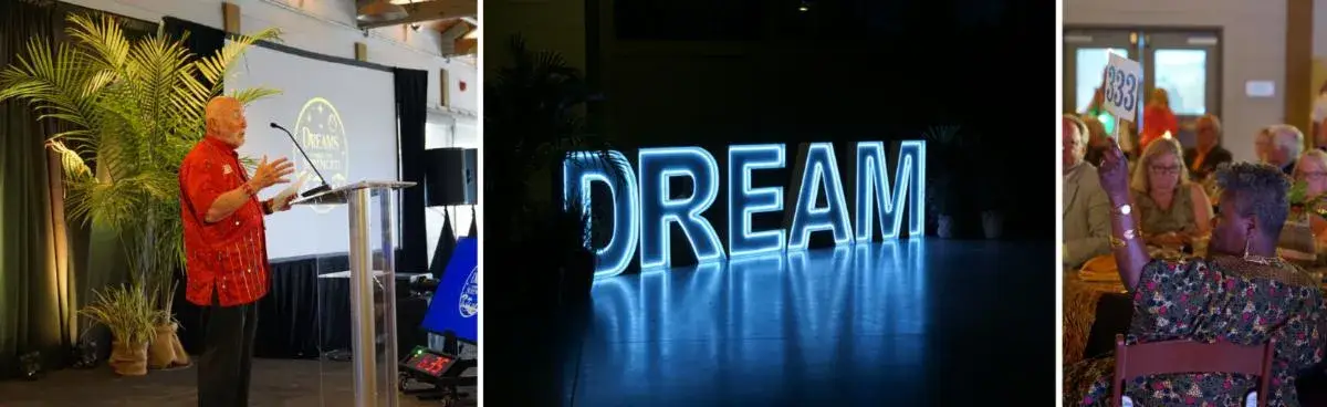 A collage of three event photos: a speaker at a lectern on a stage, a glowing illuminated sign spelling DREAM, and guests at tables