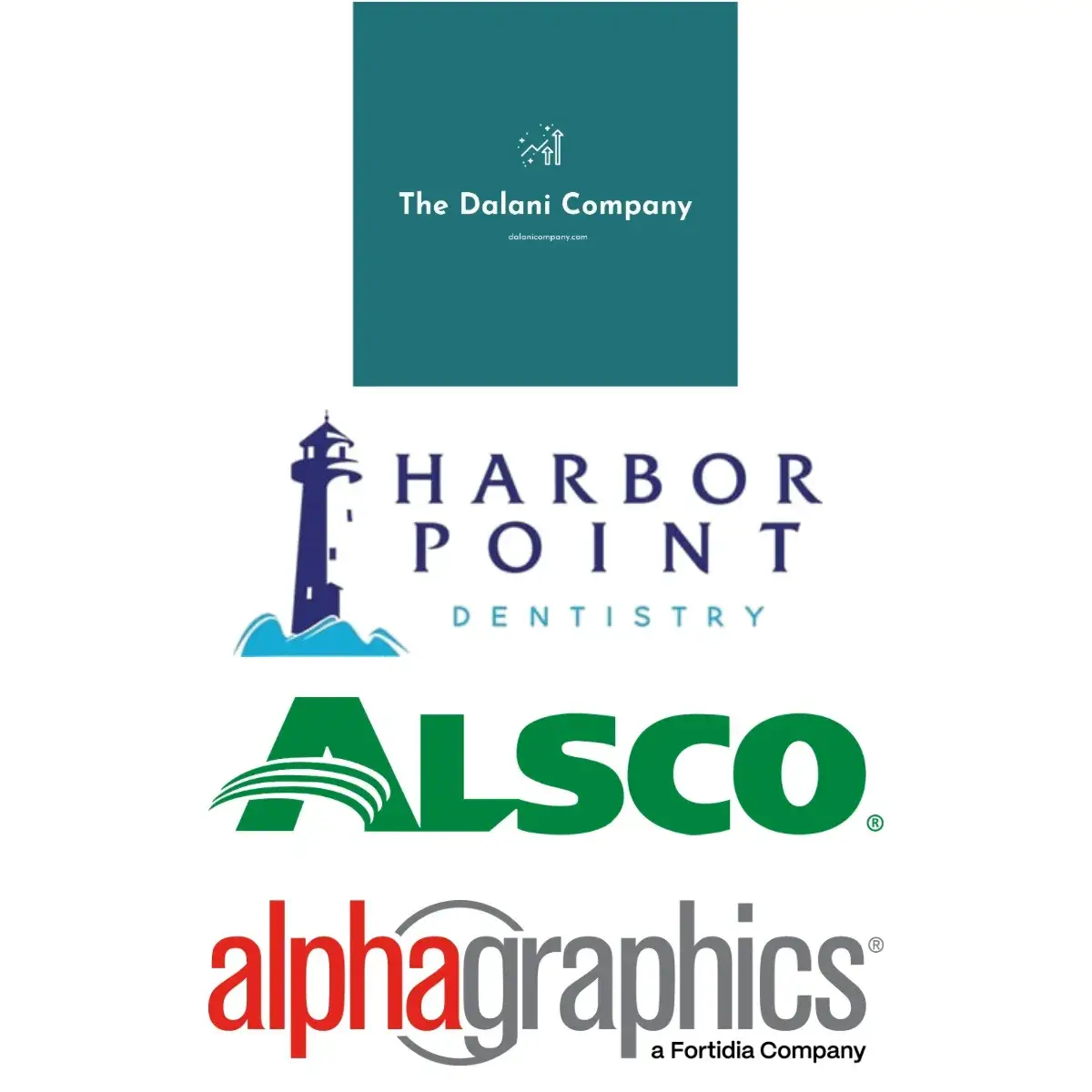 Sponsor logos: The Dalani Company, Harbor Point Dentistry, Alsco, and AlphaGraphics