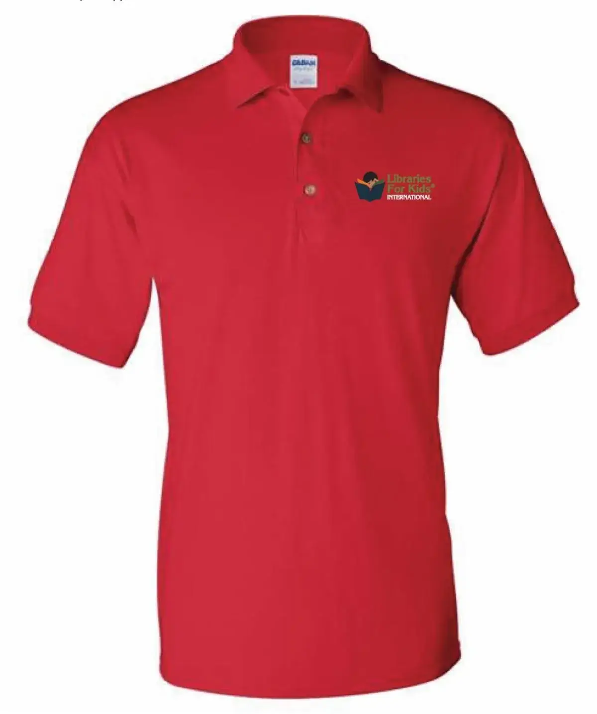 A red polo shirt with the Libraries For Kids International logo on the chest