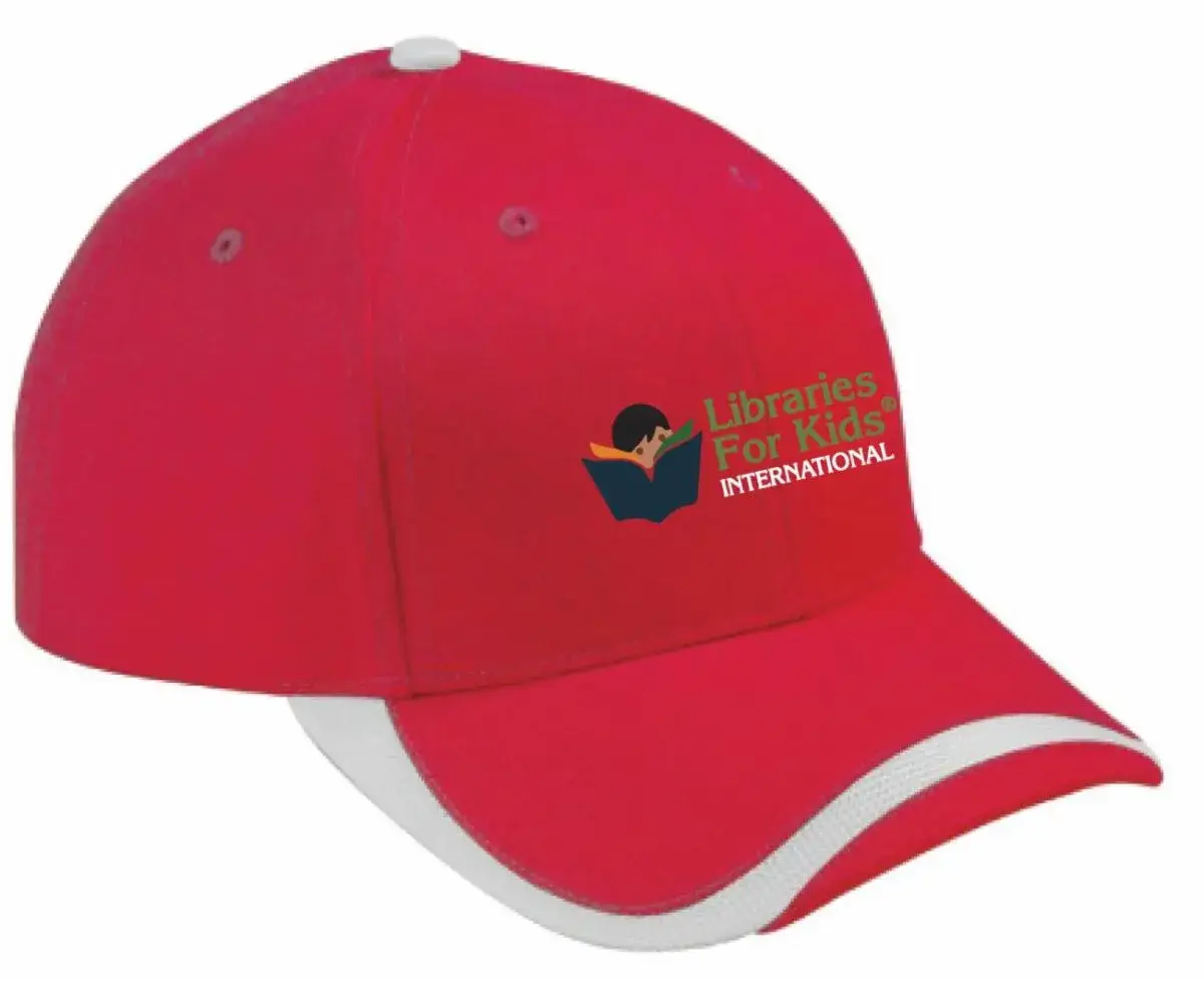 A red baseball cap with the Libraries For Kids International logo on the side