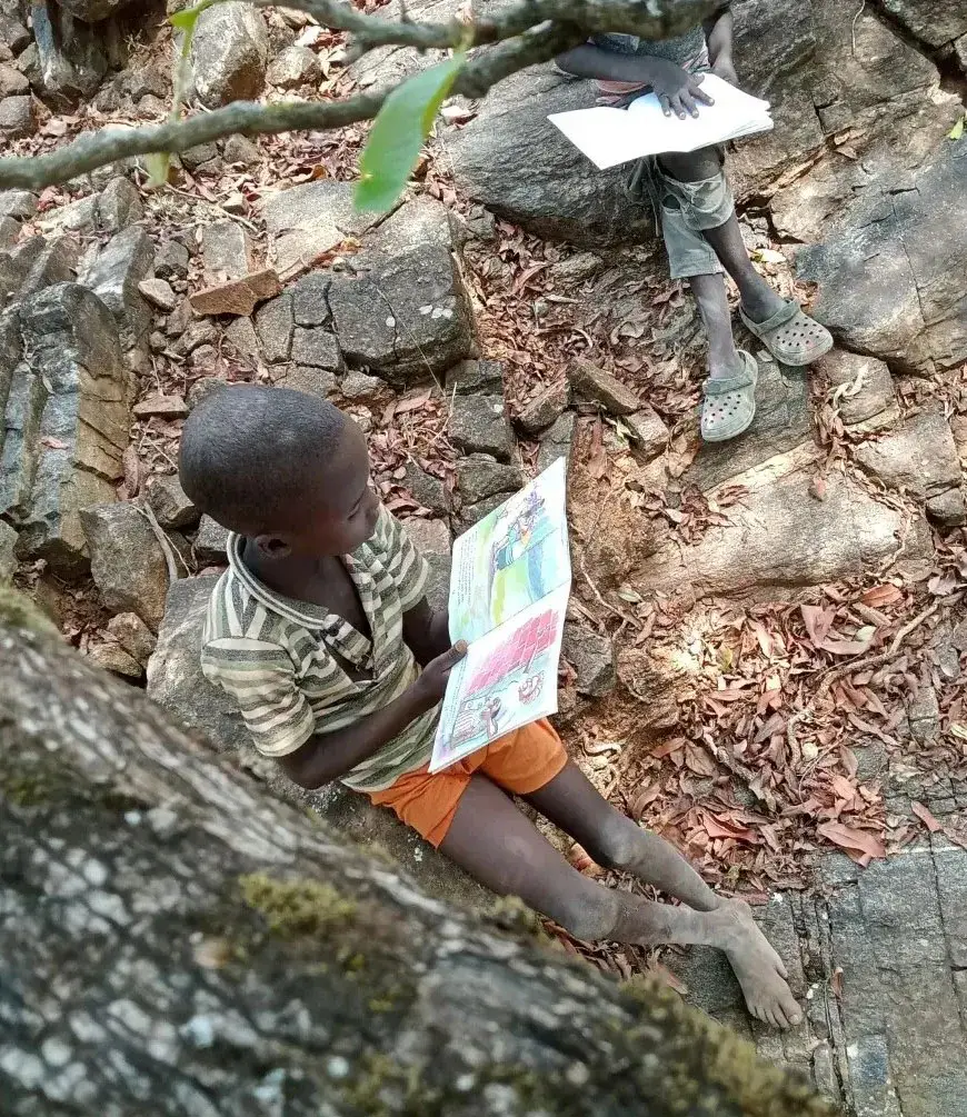 A small child sitting on bare ground among rocks and dry leaves, holding up an illustrated picture book
