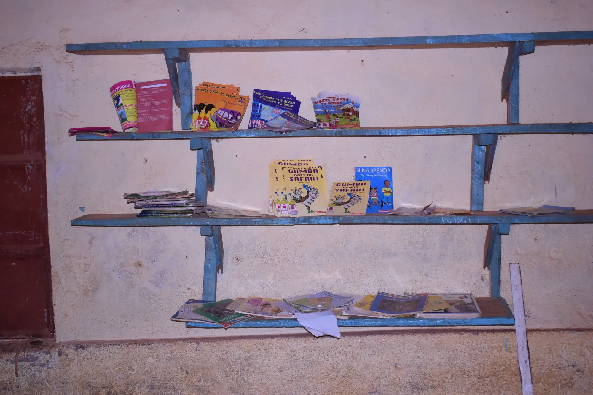 A classroom shelf holding only a handful of books