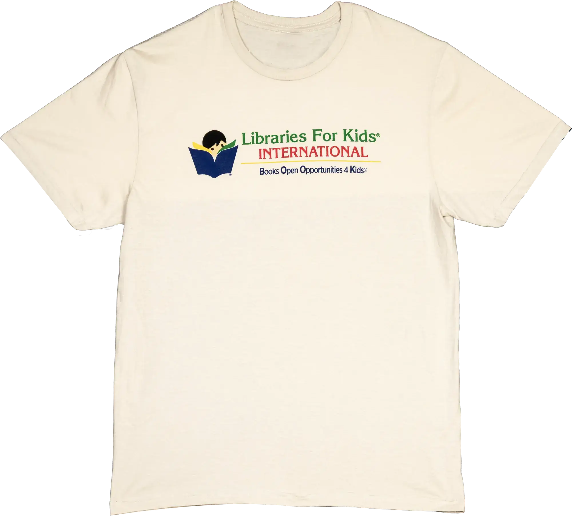 Tan T-shirt with the Libraries For Kids International logo on the chest